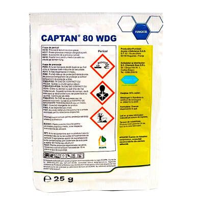 Captan 80WDG 25 gr, fungicid de contact, Arysta (pomi, vita de vie, tomate, ceapa, castraveti)