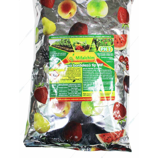 Zeama Bordeleza tip MIF 1 kg, fungicid de contact cupric, Mifalchim, mana (vita de vie, castraveti, tomate, ceapa), rapan (mar, par), monilioza (prun, cires, visin, piersic)