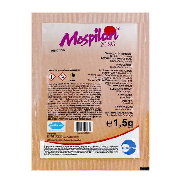 Mospilan 20SG 1,5 gr insecticid sistemic Nippon Soda (cartof, grau, porumb, ardei solarii, castraveti solarii, varza, ceapa, mar, prun, par, rapita, vita de vie)
