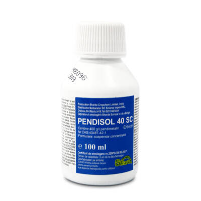 Pendisol 40SC 100 ml, erbicid selectiv, Sharda, buruieni monocotiledonate anuale/ dicotiledonate anuale in cultura de floarea soarelui, vita de vie, soia, fasole, mazare, capsuni, tomate, ceapa, brasicacee, grau, orz, triticale