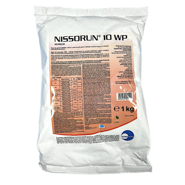 Nissorun 10WP 1 kg acaricid sistemic SumiAgro, combate paianjenii (actiune ovicida, larvicida, nimfocida in cultura de vita de vie, ardei, cais, capsun, castraveti, cires, dovleac, mar, par, pepeni, piersic, prun, tomate)