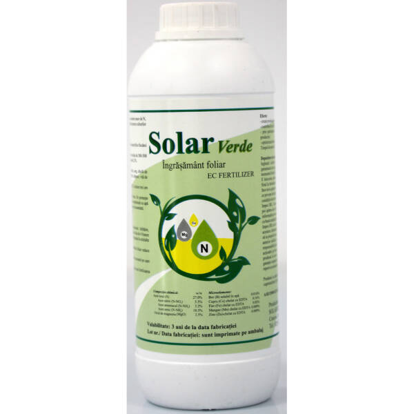 Solar Verde 1 L, ingrasamant foliar lichid, Solarex, pe baza de Azot, Magneziu si microelemente (Bor, Cupru, Fier, Mangan, Zinc) pentru culturile de cereale, floarea soarelui, vita de vie, pomi si arbusti fructiferi, porumb