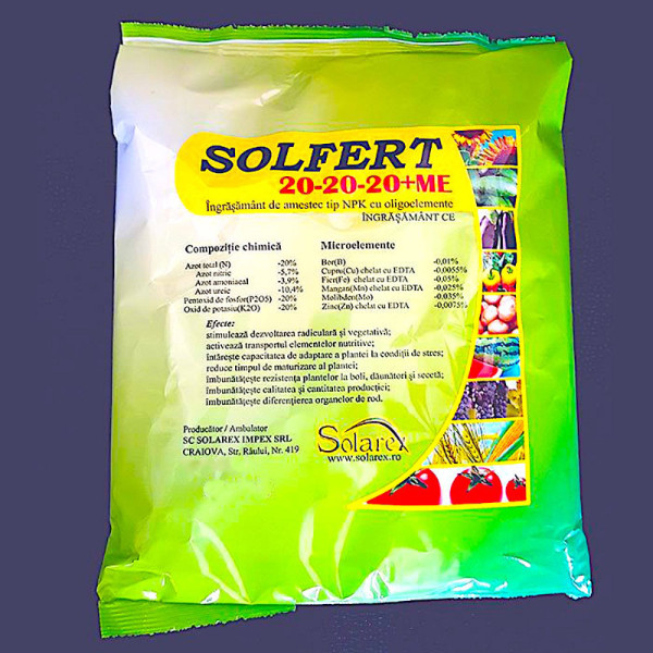 Solfert 20-20-20+ME 100 gr, ingrasamant foliar echilibrat tip NPK+ microelemente (Bor, Cupru, Fier, Mangan, Molibden, Zinc), stimuleaza dezvoltarea radiculara si vegetativa, imbunatateste calitatea si cantitatea productiei