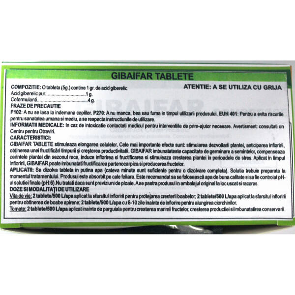 Gibaifar 5 gr regulator de crestere foliar, creste rezistenta la transport/ depozitare, marirea rapida a fructelor, induce inflorirea/ fructificarea timpurie (vita de vie, tomate)