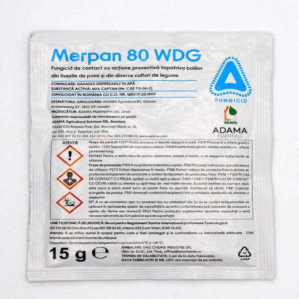 Merpan 80WDG 15 gr fungicid de contact, Adama (mar, tomate, castraveti, fasole, tutun, par, cires, cais, piersic, prun, zmeur)