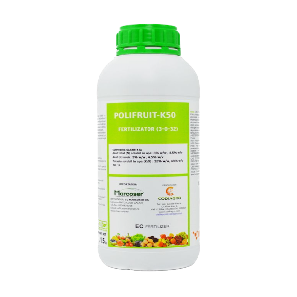 Polifruit-K50 1L fertilizant lichid foliar/ radicular N-K 3-32 Codiagro, marirea rapida a fructelor, imbunatatirea culorii / cresterea cantitatii de glucide in fructe/ rezistenta la frig (legume, pomi, vita de vie, capsun, citrice, maslin)