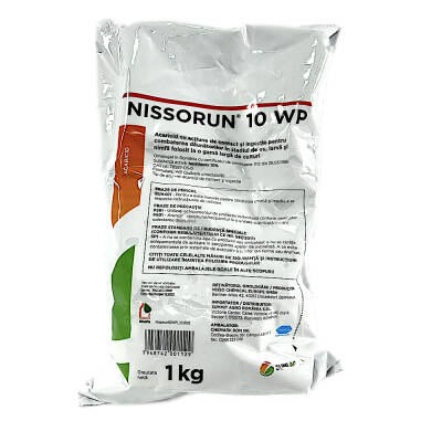 Nissorun 10WP 1 kg, acaricid sistemic, combate paianjenii (actiune ovicida, larvicida, nimfocida in cultura de vita de vie, ardei, cais, capsun, castraveti, cires, dovleac, mar, par, pepeni, piersic, prun, tomate)